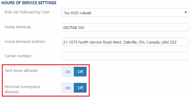 geotab drive hours of service settings yard move personal conveyance